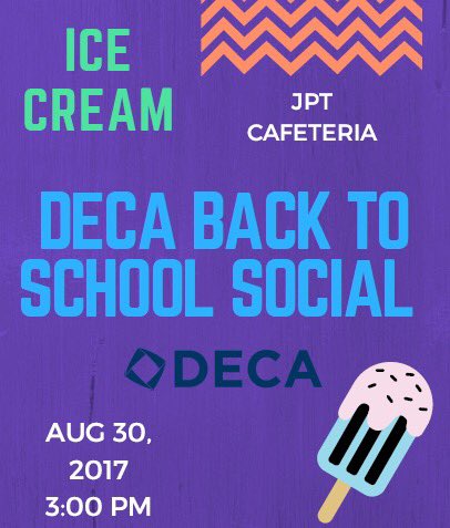 JPT_DECA's tweet photo. Attention DECA students! JPT DECA will host our Ice Cream Social on Wednesday, August 30th. Come out, there will be ice cream and more!🍦🍨 https://t.co/8EJrKoruW3