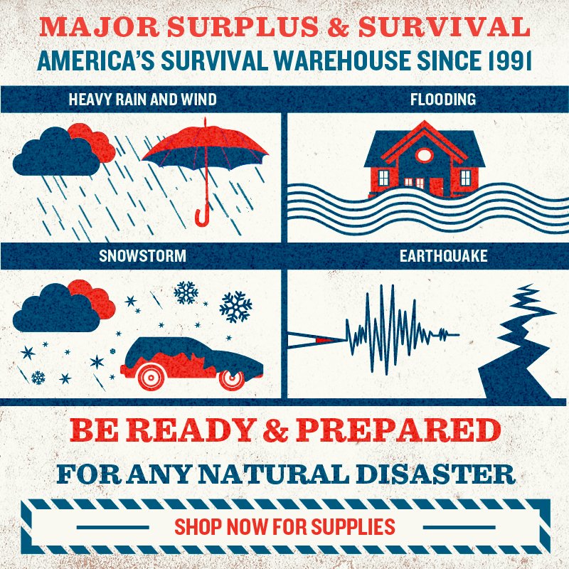 MajorSurplus's tweet image. @MajorSurplus  America's Survival Warehouse Since 1991. Visit our store or website for large selection of disaster preparedness Supplies