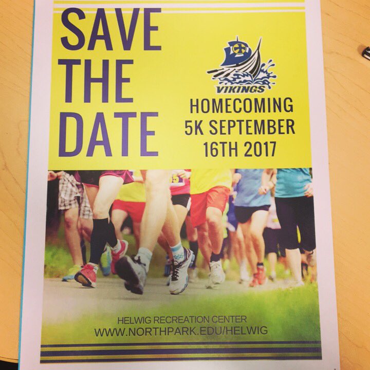 NPUHelwigRec's tweet photo. Mark your calander for our Homecoming 5k! September 16th, 2017! Come one, come all! Best of luck🏃🏽🏃🏽‍♀️ #npuvikings #northparkuniversity https://t.co/Qcz9J1gWle