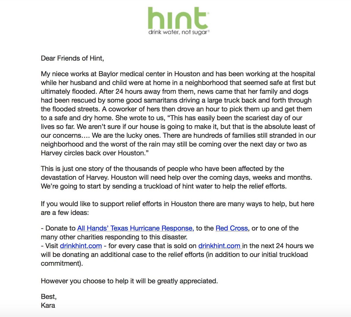 karagoldin's tweet photo. We are donating a truckload of @hint in support of #HurricaneHarvey &amp; for every case we sell online, we will donate a case to Houston. https://t.co/yQ32yQs0sx
