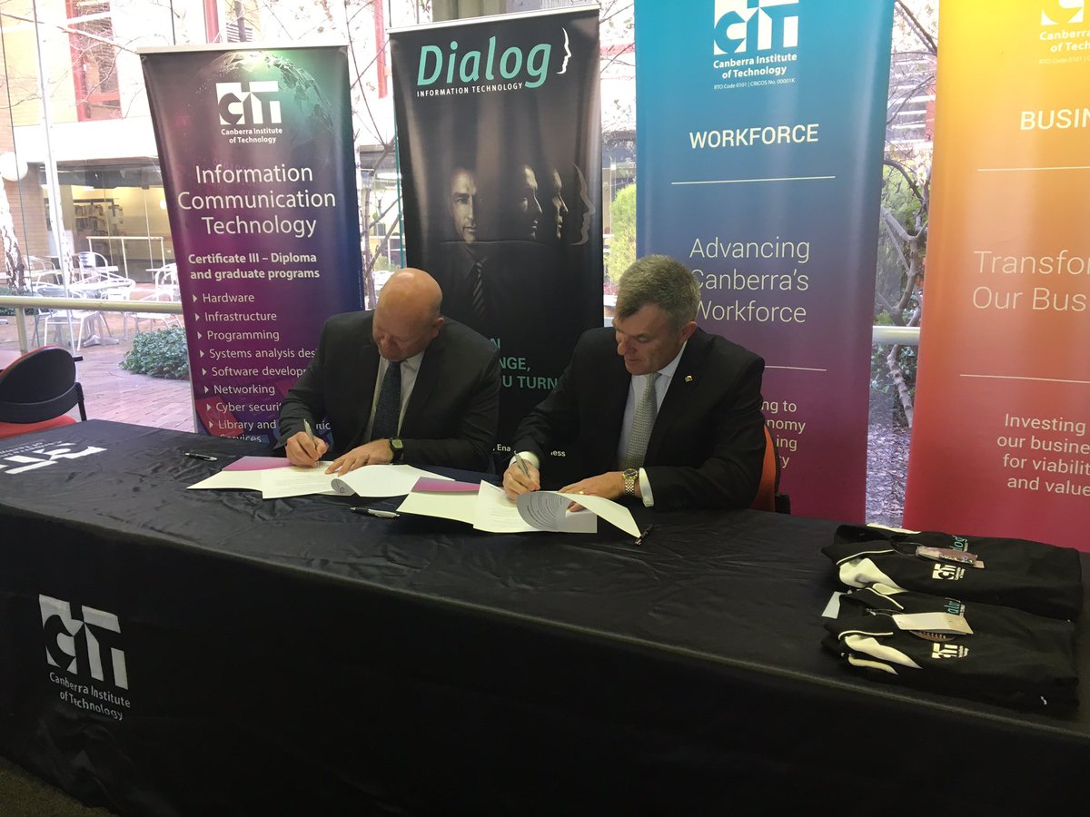 rosannakingsun's tweet photo. MOU inked today will see 15 @Canberra_CIT graduates will become industry trainees for IT company Dialog. @9NewsCanberra #9News https://t.co/wvML0Dzp57