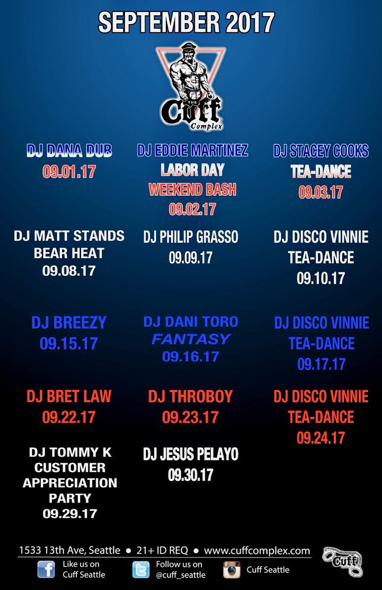 TheCuffComplex's tweet photo. September 2017 The Cuff Complex Amazing Lineup
#TheCuffComplex #CuffSeattle #gayseattle #Seattlenightlife https://t.co/SavhWsWSh5