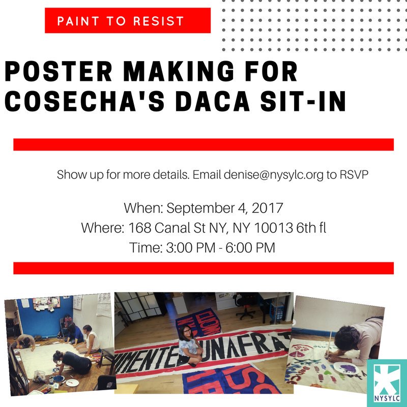 NYSYLC's tweet photo. NEXT WEEK we will make posters for @CosechaMovement #DACA sit in!
Join us
#immigration #undocumented #immigrant #art #outragedandunafraid https://t.co/RRxfqGUEcN