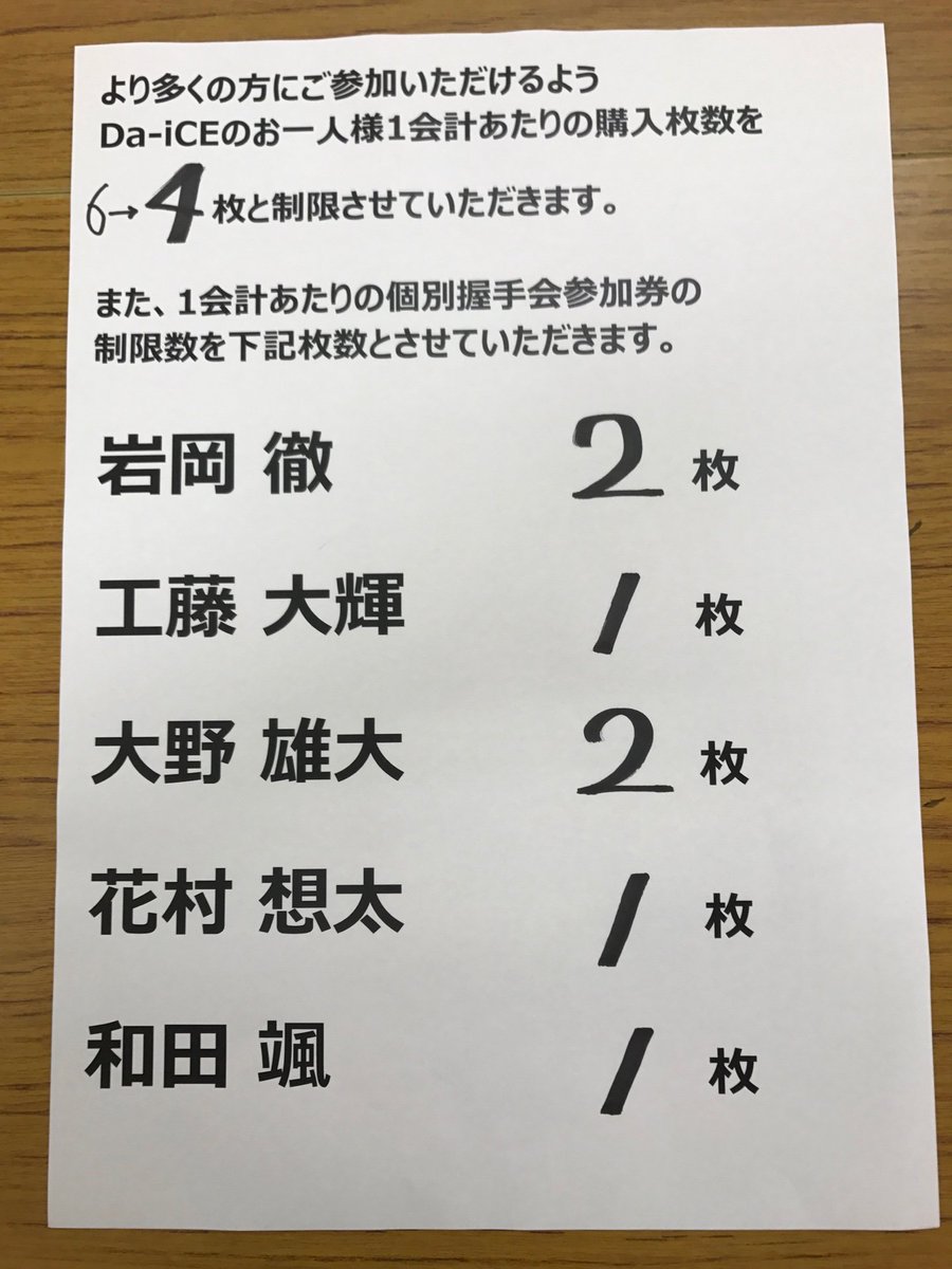 Da_iCE_STAFF's tweet photo. 【大阪･購入上限枚数変更のお知らせ】本日の大阪･あべのキューズモールさんでのDa-iCE 8/30(水)発売 12th single｢君色｣リリース記念イベントの1会計あたりの購入上限枚数を⇩画像の内容に変更させて頂きます｡多くの方にご参加頂きたい為の変更です｡ご了承下さい｡ https://t.co/HTDjbrqHxP