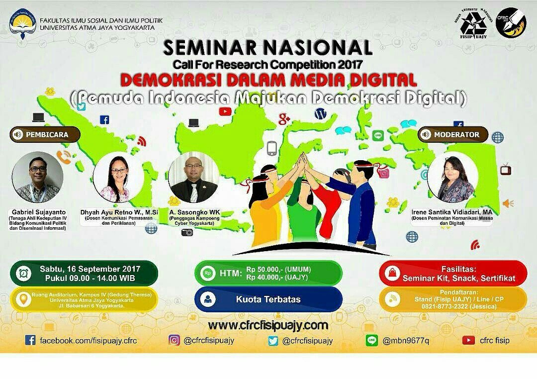 16/9/2017 09.00 Semnas "Demokrasi dalam Media Digital" | Aud. Kampus 4 Gd. teresa <a href="/uajy/">Universitas Atma Jaya Yogyakarta</a> | CP: 082187732322 (Jessica)