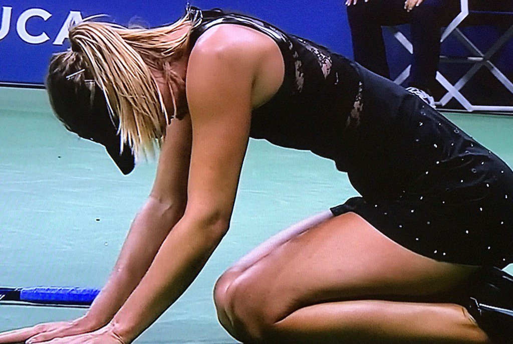 darrenrovell's tweet photo. Sharapova in tears after getting wildcard and beating #2 Simona Halep. Seemed like a final. https://t.co/IMohosKh42