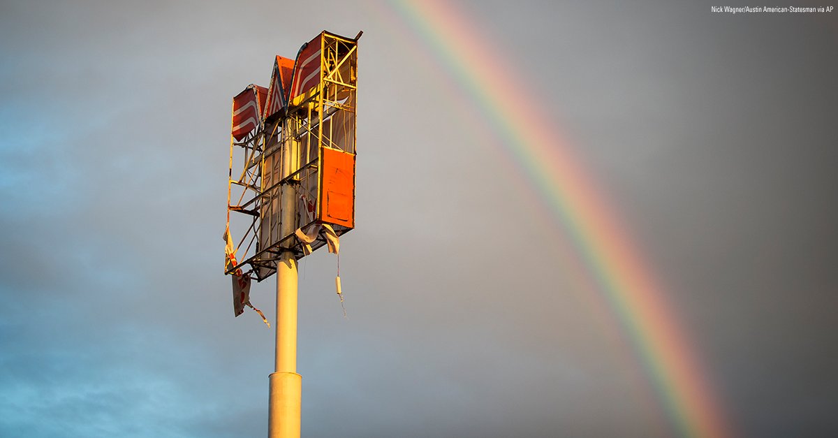 FoxNews's tweet photo. A rainbow appears over over a @Whataburger sign that was destroyed by Hurricane Harvey in Refugio, Texas. https://t.co/eumVB7I9nO