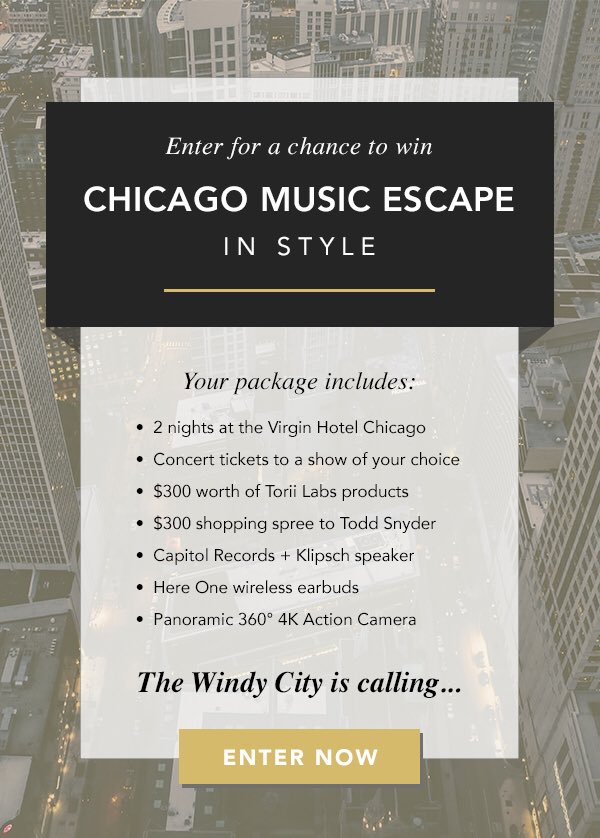 ToriiLabs's tweet photo. The Windy City is calling! Click the link in our bio for a chance to win a Chicago Music Escape in style. #Chicago #Contest #EntertoWin https://t.co/MMg9Pci7PM