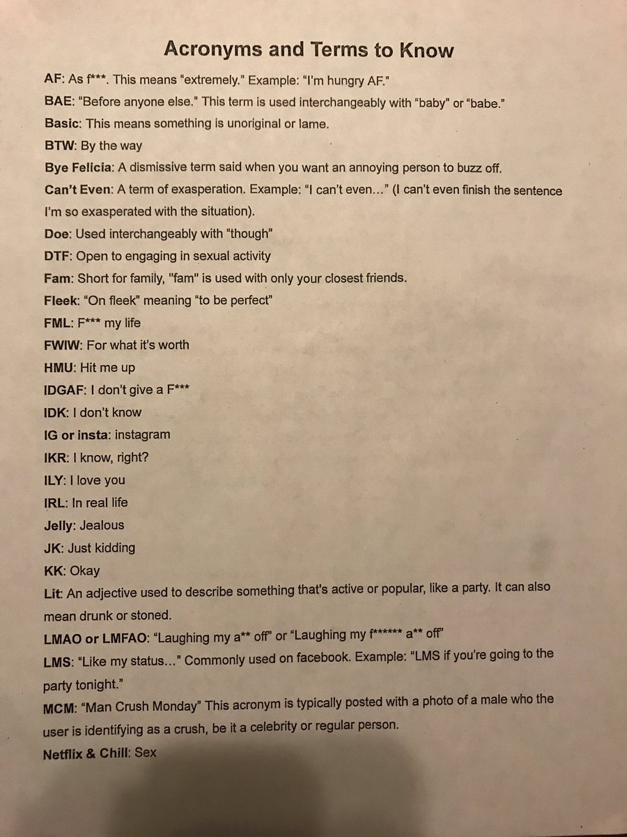 Lynn06084's tweet photo. At back to school night for my cousin his teacher gave my uncle these sheets so parents know the "lingo" of today in kids phones😂 I'm dead. https://t.co/ZqagMQnbM1