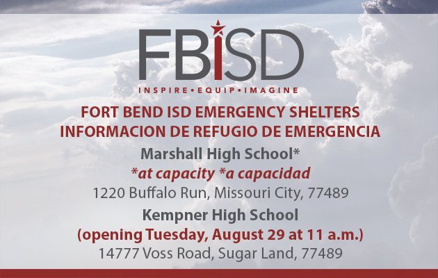 FortBendISD's tweet image. Fort Bend ISD to open shelter at Kempner High School Tuesday at 11 a.m. 
More details: goo.gl/8XXPRD