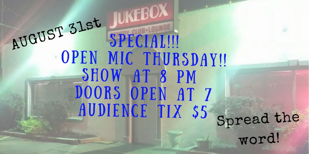 jukeboxcomedy's tweet photo. A special THURSDAY Open Mic Comedy Night #Peoria ! Come out for the fun! #ShowUpSignUp #OpenMic #Comedy https://t.co/QFPfzTBWM9