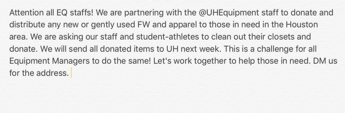 Attention all EQ staffs! We are partnering w <a href="/UHEquipment/">UH Equipment</a> to donate and distribute FW and apparel to those in need in the Houston area.