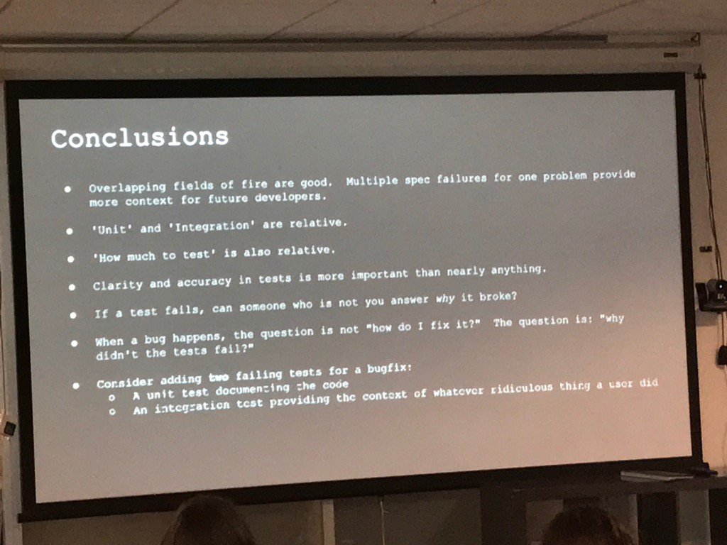pyluftig's tweet photo. Another Excellent talk tonight by @womenlevelup. I learned lots about the pros and cons: unit vs integration specs. https://t.co/3ulPFNM0T3