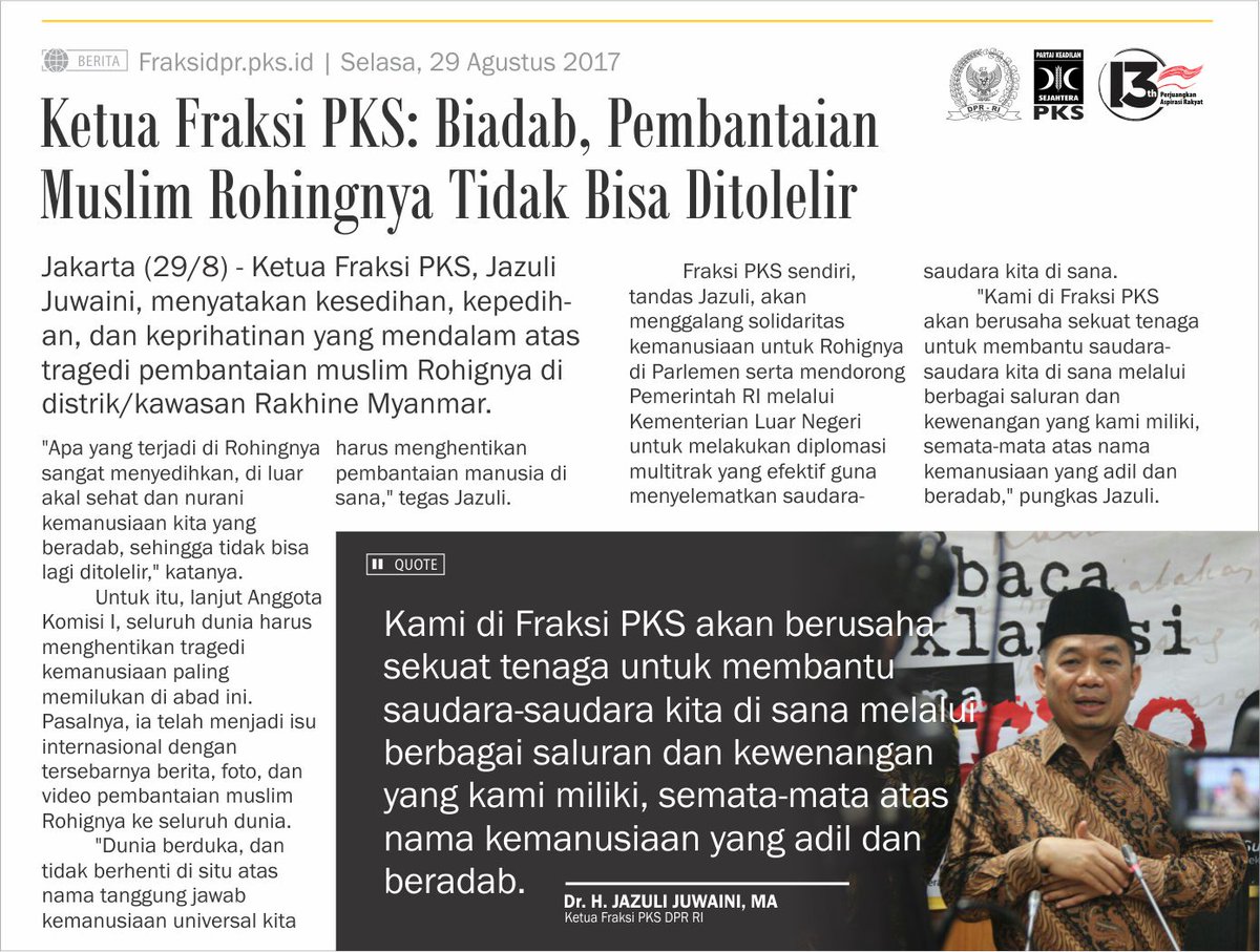 Ketua Fraksi PKS: Biadab, Pembantaian Muslim Rohingnya Tidak Bisa Ditolelir | <a href="/JazuliJuwaini/">JazuliJuwaini</a>