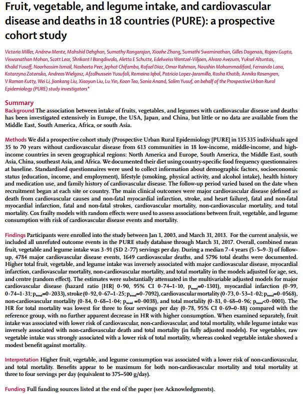 TheLancet's tweet photo. Fruit, vegetable &amp; legume intake, and association w/ cardiovascular disease and mortality (PURE study) #ESCcongress https://t.co/PXvZjpN4tE https://t.co/PYqyYVdYTa