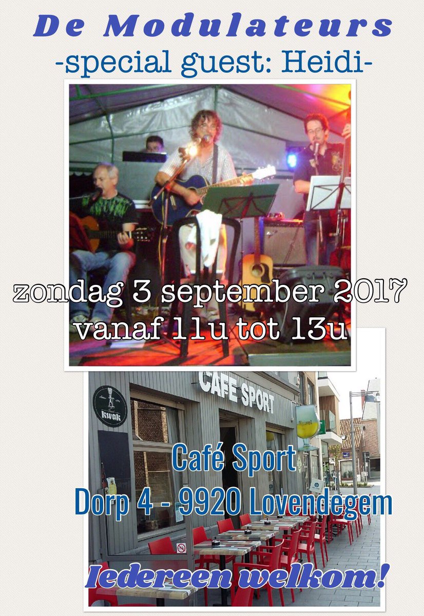 LucKeirse's tweet photo. De Modulateurs @ café Sport, Dorp 4 te Lovendegem. Zondag 03/09 vanaf 11u tot 13u. Gratis hapjes door uitbaters. Iedereen welkom! https://t.co/6RKS0aRb97