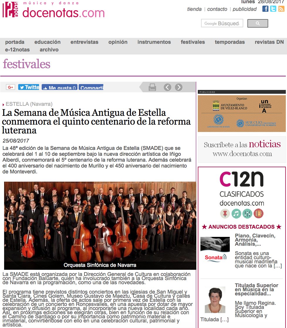cultura_na's tweet photo. La Semana de Música Antigua de Estella conmemora el 5º centenario de la reforma luterana
#SMADE2017 en @docenotas
https://t.co/Z48Uzt039J https://t.co/tQlHd4gYPb