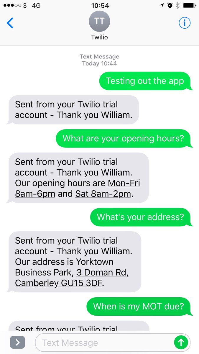 willhelliwell1's tweet photo. My #Twilio #SMSbot has had an upgrade. Used a garage as a case study. Can lookup info in a client's database now to show your MOT due date. https://t.co/ddcbgJuVqC