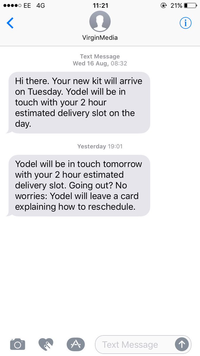 LuceMcFarlane's tweet photo. @virginmedia with the 2hr Yodel time slots, can I expect to hear when soon-ish? Not had contact yet and got appts to arrange today https://t.co/uSw4LH557J