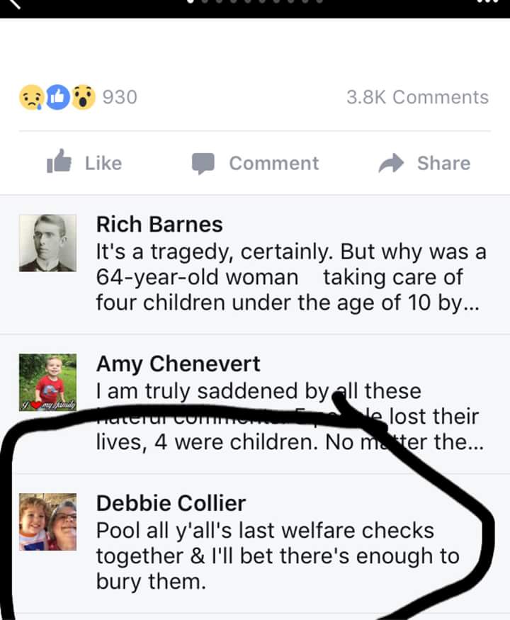 LeshaRomeo's tweet photo. Did you know that your employee Debbie Collier @orangegrovelmc made this comment about a black family that died? Sick! @orangegrovetigers https://t.co/NNvNMJENtR