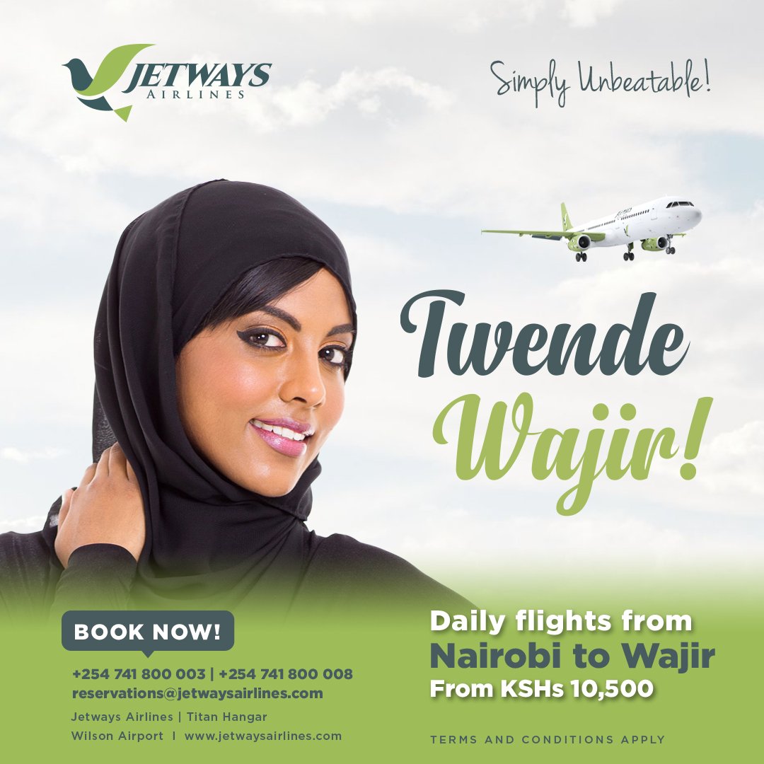 JetwaysAirlines's tweet photo. Fly to Wajir for as little as KSHs 10,500!!!
#Twendewajir #jetwaysairlines #simplyunbeatable https://t.co/N55MjMo7Xe