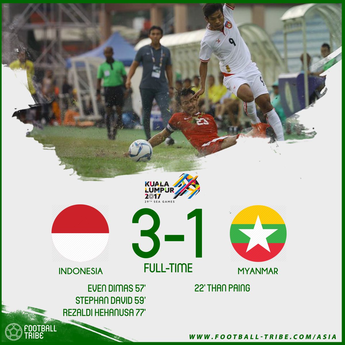 🇮🇩 Indonesia win 3rd place of the 2017 SEA Games Men's football tournament by beating 🇲🇲 Myanmar 3-1.
#SeaGames2017