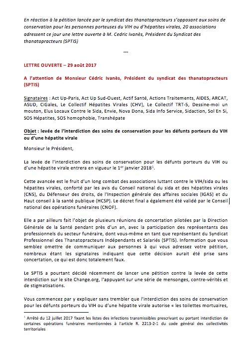 assoAIDES's tweet photo. Lettre ouverte contre la pétition du syndicat des thanatopracteurs opposé aux soins de conservation pour les PPVIH https://t.co/Q9qPGlxr8c https://t.co/wLovNT9yaV