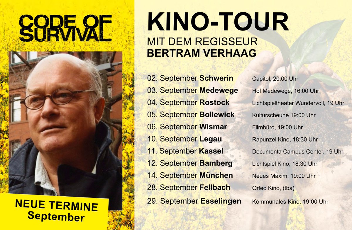 codeofsurvival_'s tweet photo. Die Sommerpause ist vorbei! Wir sind zurück mit neuen Terminen unserer #CodeofSurvival #Kinotour🌻
U.a. auf der @documenta__14 #documenta14 ! https://t.co/HiYMpaKzOv