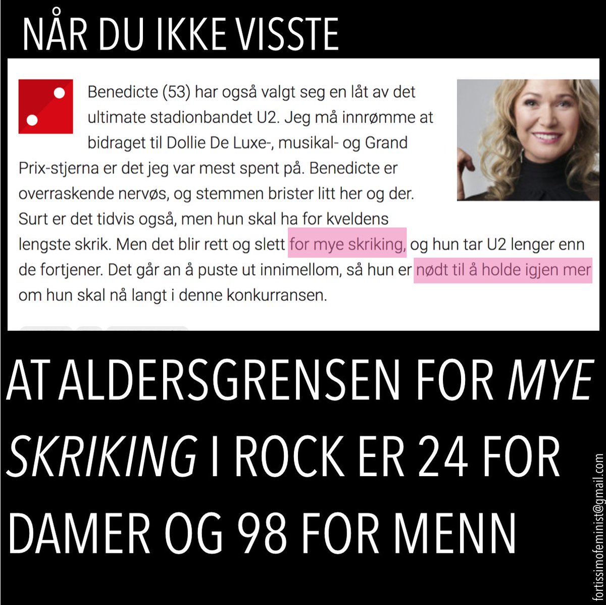 ff_feminist's tweet photo. Damer skal ikke skrike høyt og lenge, i alle fall ikke i rockemusikk. hilsen @dagbladet https://t.co/6v4DRRVzKi