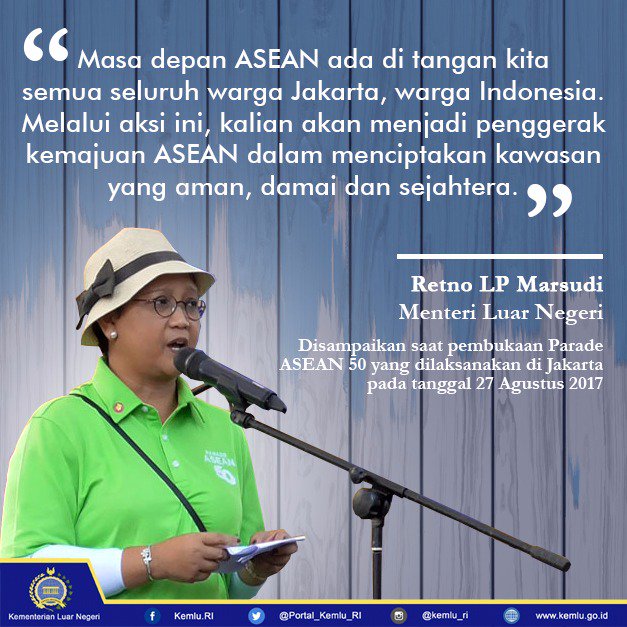 Kemlu_RI's tweet photo. Pesan #MenluRetno dalam merayakan HUT #ASEAN50 di #ParadeASEAN50 https://t.co/IbU8Bq7eGK
