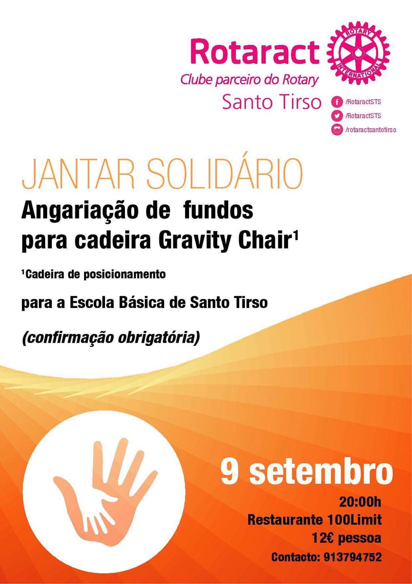 RotaractSTS's tweet image. You can't miss our charity dinner to donate a Gravity Chair to the School of Santo Tirso, on 9th of September! 🙂