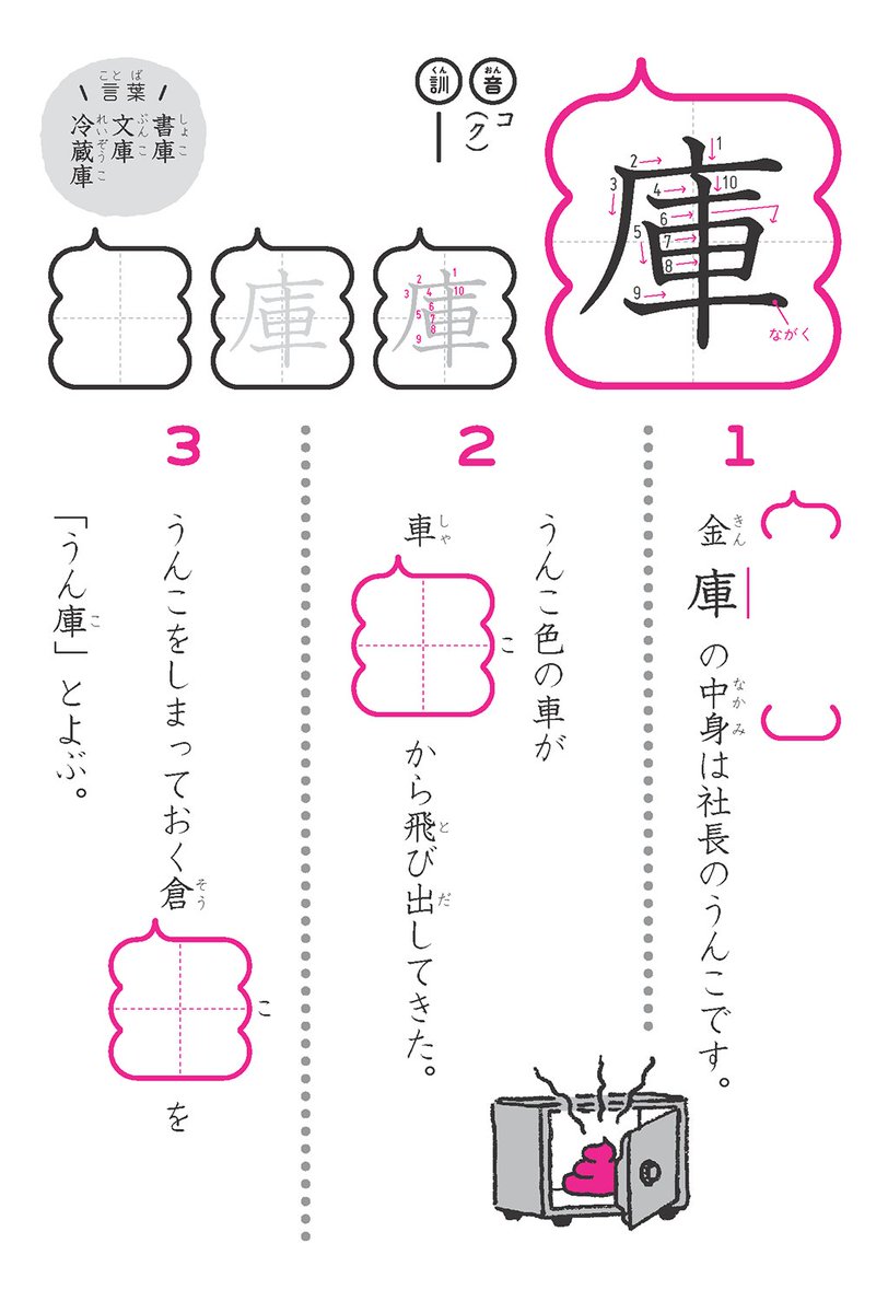 うんこ先生 公式 庫 小学3年生 1 金庫の中身は社長のうんこです 2 うんこ色の車が車庫から飛び出してきた 3 うんこをしまっておく倉庫を うん庫 とよぶ うんこ漢字 うんこ漢字ドリル うんこ先生 公式 庫 小学3年生 1 金庫の中身は社長のうんこです 2 うんこ色の車が車庫から飛び出してきた 3 うんこをしまっておく倉庫を うん庫 とよぶ うんこ漢字 うんこ漢字ドリル