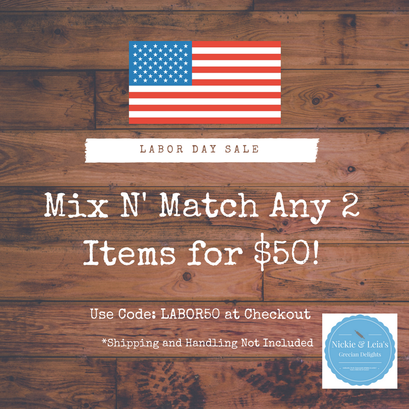 NLGreekDelights's tweet photo. Labor Day SALE! Mix and Match any 2 Items for only $50!Click on the link below and use code: LABOR50 at checkout! https://t.co/dWwzgGtchI https://t.co/YDv1MpeOAs