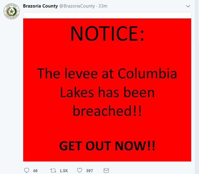 CBS Evening News (@cbseveningnews) on Twitter photo HAPPENING NOW: "Get out now!" <a href="/BrazoriaCounty/">Brazoria County</a> in Texas issues warning via Twitter about a levee breach due to #Harvey. HAPPENING NOW: "Get out now!" <a href="/BrazoriaCounty/">Brazoria County</a> in Texas issues warning via Twitter about a levee breach due to #Harvey.