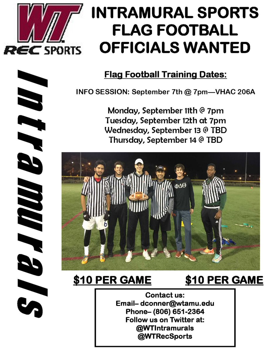 Looking for a job on campus? Apply today to be an Intramural Flag Football Official! Info session and training begin next week! #wtamu