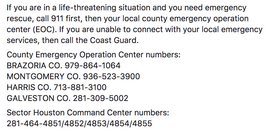 USCG's tweet image. For #harvey rescue assistance please see below contacts #HurricaineHarvey #houstonflood