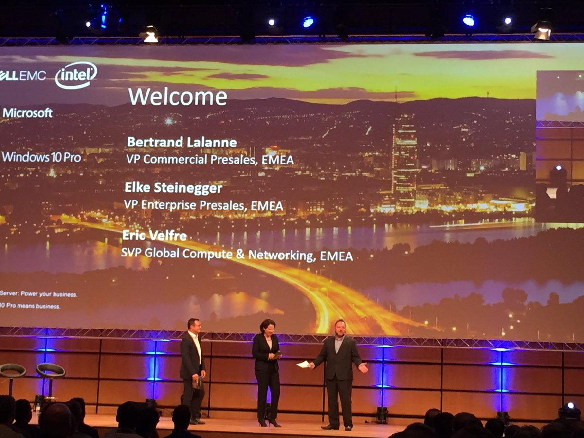 albastianon's tweet photo. @ElkeStei @bertiestrong @EVelfreDellEMC on stage kicking off #EMEATechSummit @DellEMC https://t.co/3RaR2crQ1n