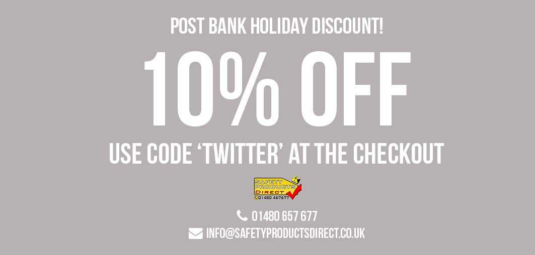 SafetyProDirect's tweet image. Post-bank holiday blues? Let us cheer you up! There's a 10% discount on our online shop with the code: Twitter! 🙌 
ow.ly/nF1x30eKEOI