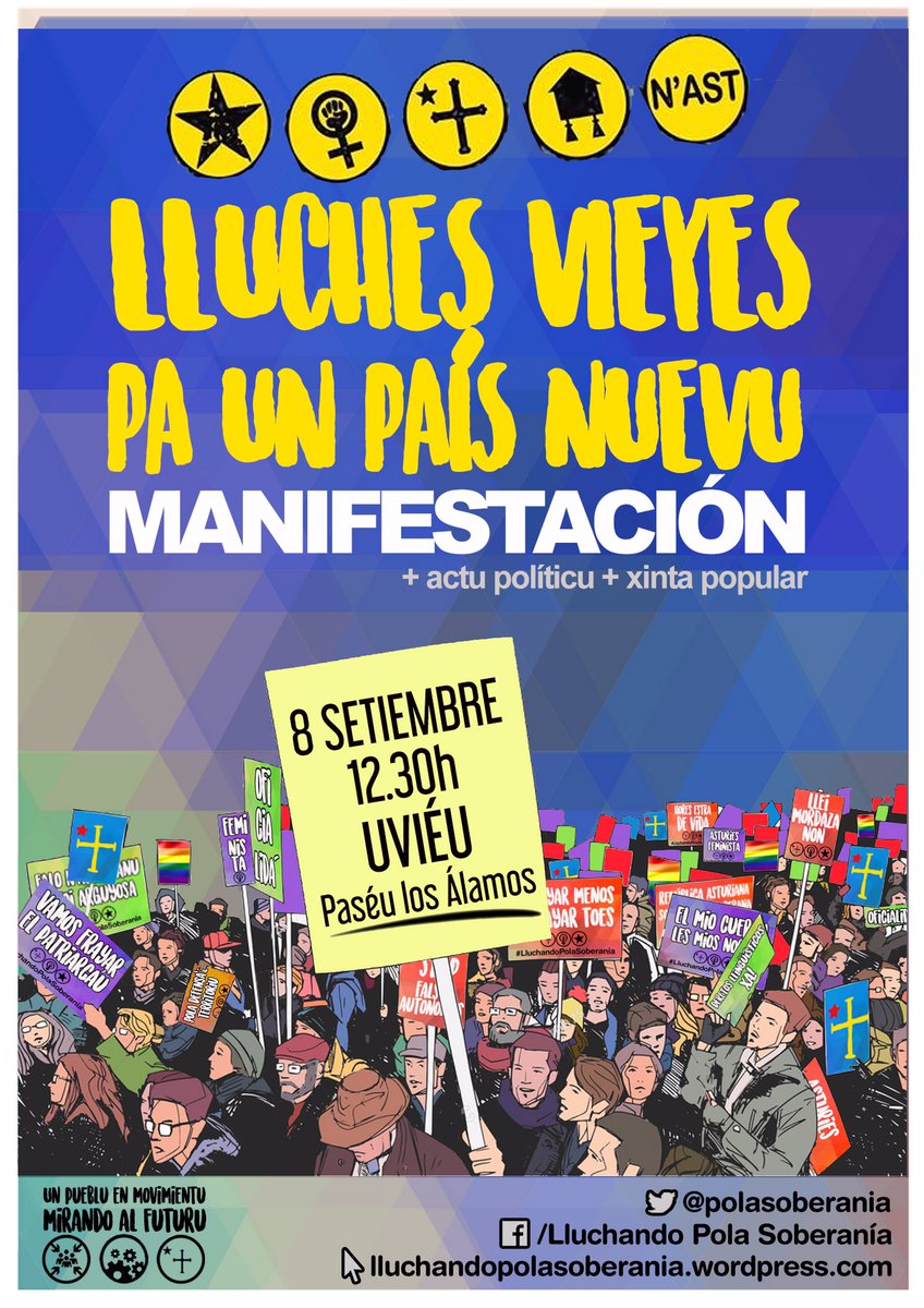 PolaSoberania's tweet image. 📣MANIFESTACIÓN #8SET
📍Paséu los Álamos,Uviéu
🕓12.30h
✊️Lluches vieyes pa un país nuevu
+actu políticu +xinta popular
facebook.com/events/1146337…