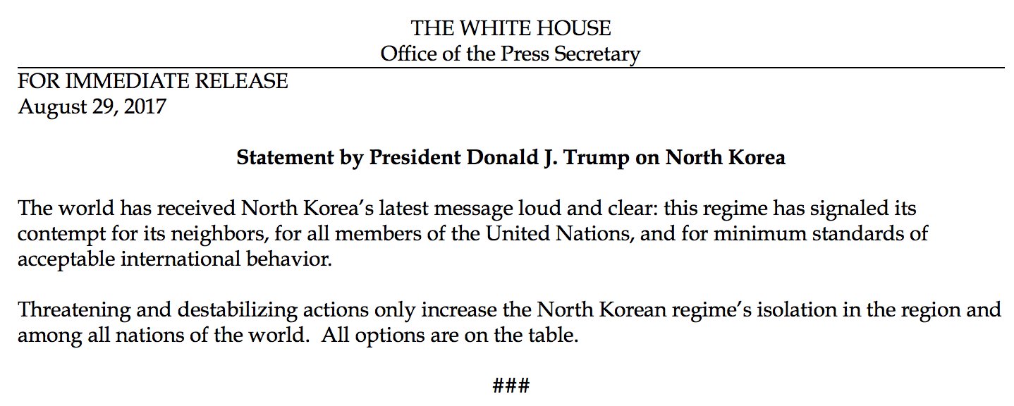 Hasil gambar untuk Statement by President Donald J. Trump on North Korea ,29/8/2017