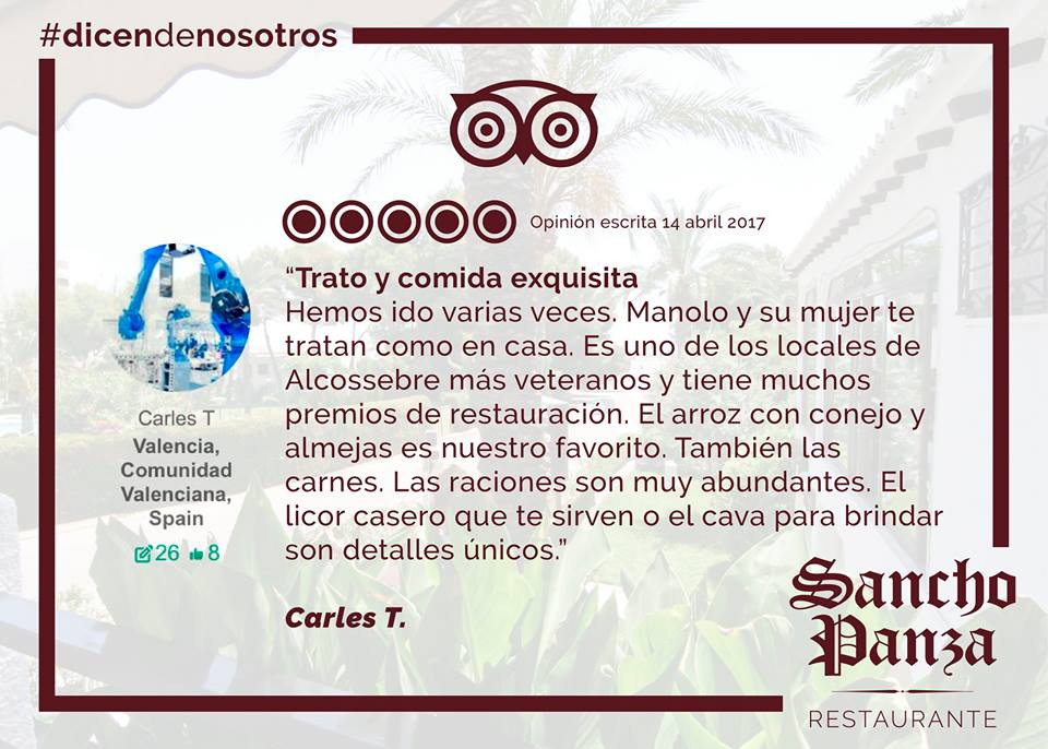 RestSanchoPanza's tweet photo. Opina sobre nosotros, queremos mejorar! 

#tripadvisor #restaurante #valoracion #opinaresgratis #vacacaciones #alcossebre https://t.co/XvZzk61EHv