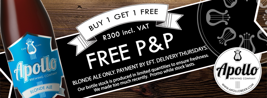 Blonde Ale Promo. Buy 1 get 1 free:  R300 incl VAT &amp; P&amp;P (Equiv. 24 btl @ R12.50). apollobeer.com/shop/category/…