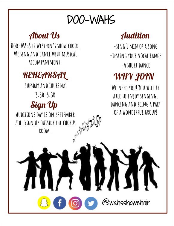 WAHSShowChoir's tweet photo. Auditions are coming up! Mark your calendars for September 7th! https://t.co/PV8krfcNeW