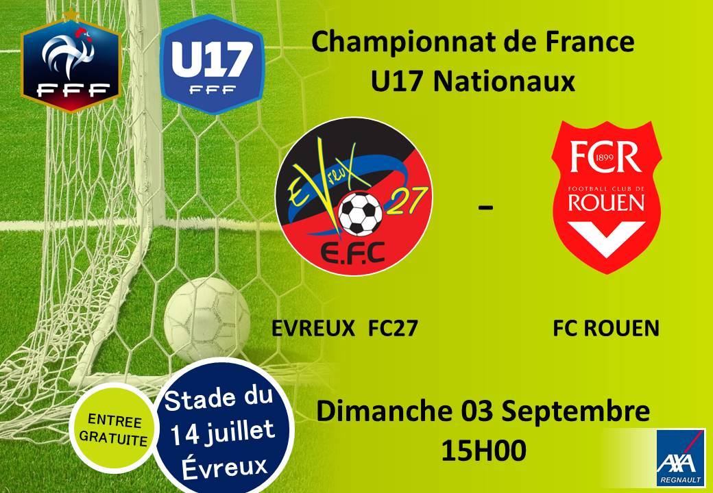 Dimanche à 15h, nos U17 reçoivent <a href="/FCRouen/">FC Rouen, en route pour la Ligue des Champions !</a> pour la 2e journée du championnat NATIONAL ! VENEZ NOMBREUX !!!