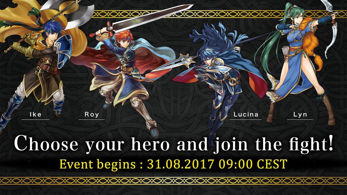 NintendoEurope's tweet photo. Pick a 5★ Choose Your Legends Hero on 8/31 and RT this tweet until 04:59 CEST on 9/4 to earn up to 5 Orbs &amp; 5000 Hero Feathers! #FEHeroes https://t.co/O5YMIFjYiT