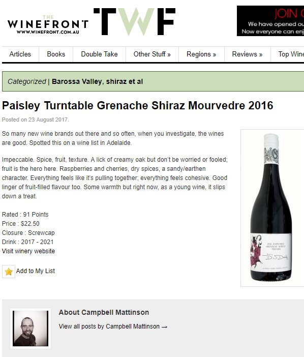 paisleywines's tweet photo. Very excited that we have our first wine review by @CBMattinson - 91 points for the Mixed by DJ Deadly GSM #91points #winefront https://t.co/CjJXs4oVnH