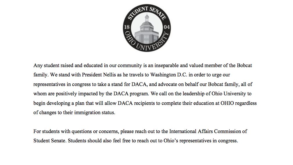 OHIOUSenate's tweet photo. A statement from Student Senate's International Affairs Commission concerning DACA. #OHIOStudentSenate https://t.co/RF7NwGIT9Z