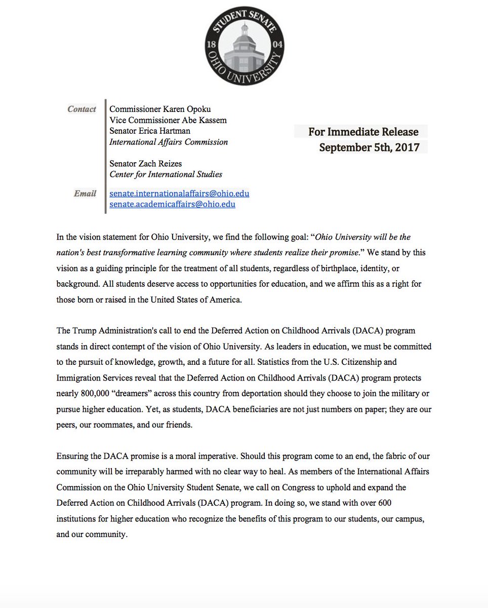 OHIOUSenate's tweet photo. A statement from Student Senate's International Affairs Commission concerning DACA. #OHIOStudentSenate https://t.co/RF7NwGIT9Z