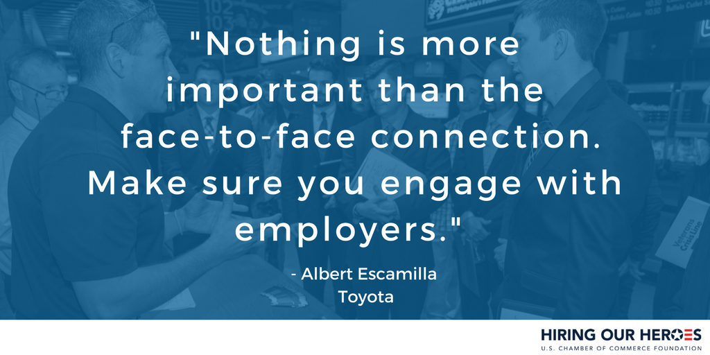 hiringourheroes's tweet photo. "Nothing is more important than the face-to-face connection. Make sure you engage with employers."  - Albert Escamilla of @Toyota https://t.co/4cQWXK6Dfp