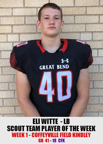 GreatBend_FB's tweet photo. Proud to announce Week 1 Players of the Week: Gage Fritz, Kody Stapleton, Dani Franco and Eli Witte. https://t.co/kUErpniCyL